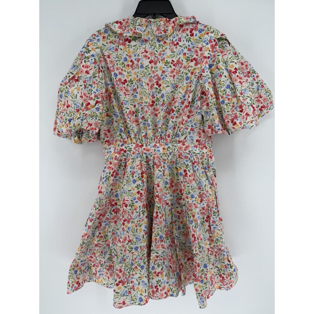 RESET Floral Print Mini Wrap Dress Womens Large White Puff Sleeve Lined - Picture 9 of 13